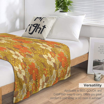 Retro 60s70s Orange & Olive Green Floral Throw Blanket