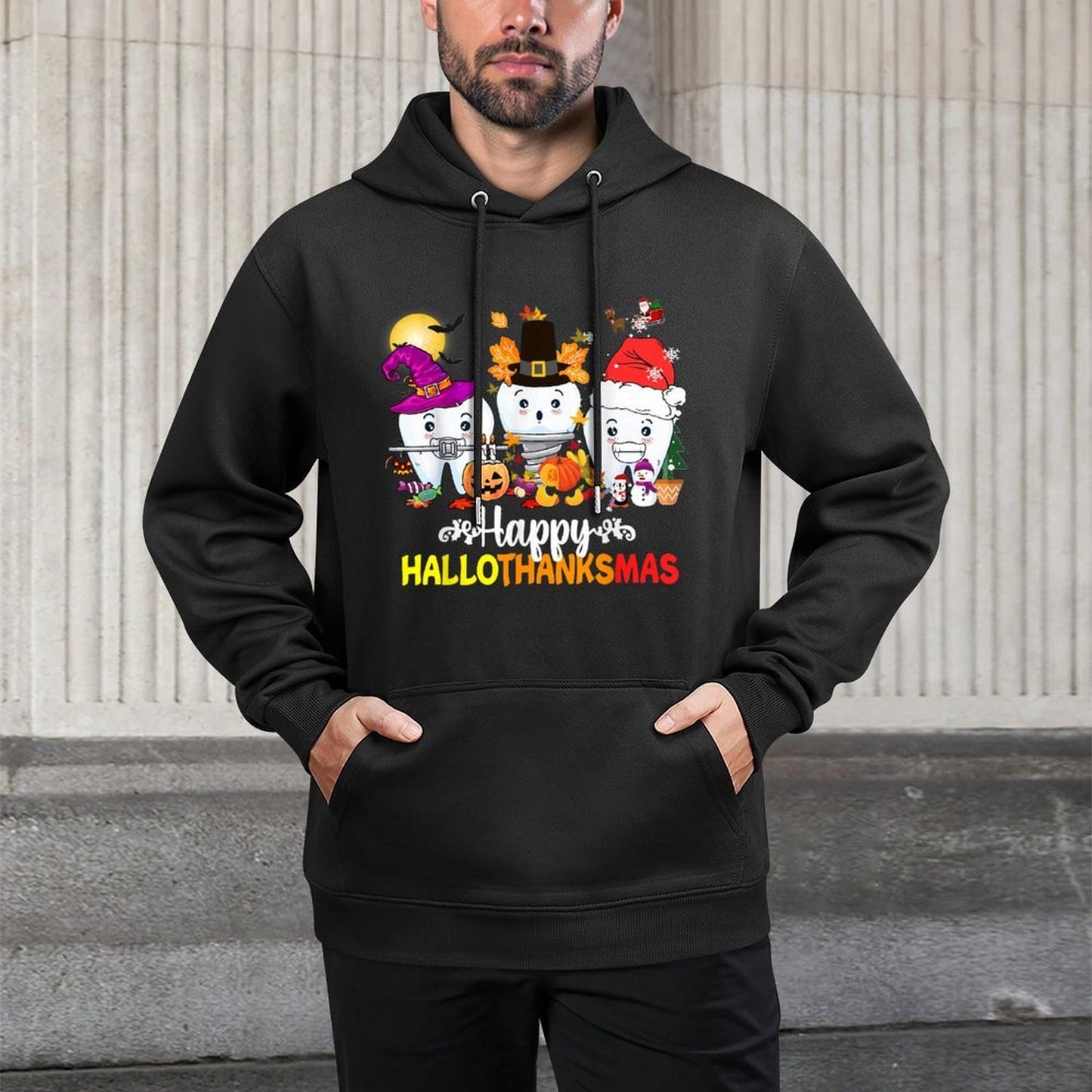 Dental Halloween Thanksgiving Christmas Happy HalloThanksmas Shrink-Resistant Hoodie
