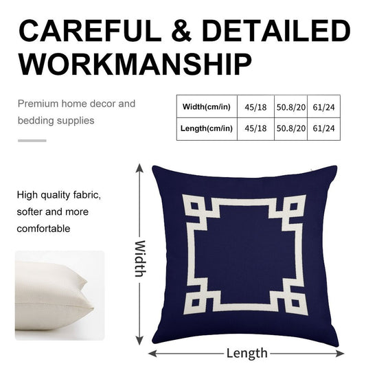 Greek Key Square White On Navy Blue Linen Throw Pillow Cover
