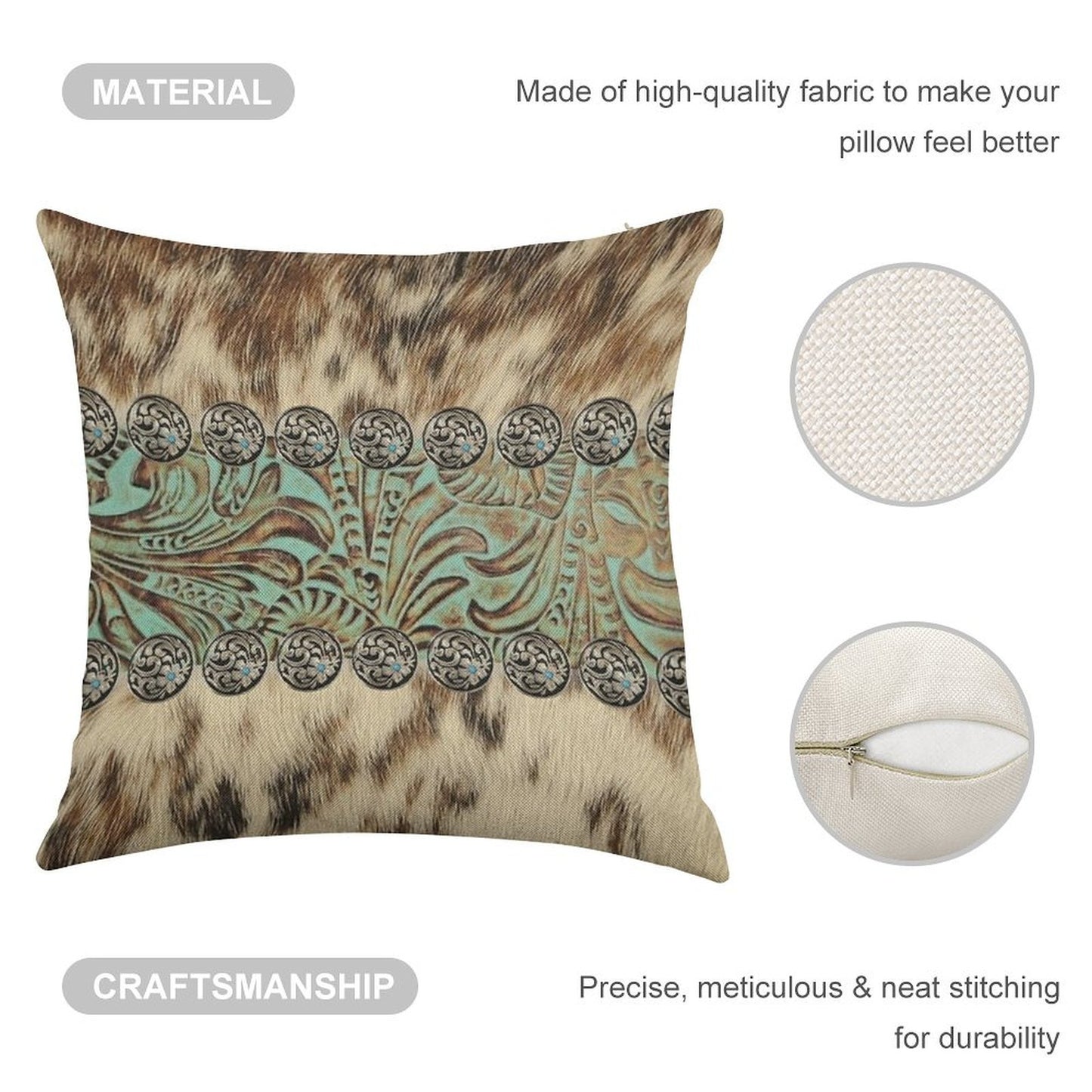 Rustic Brown Beige Teal Western Country Cowboy Fashion Linen Throw Pillow Cover