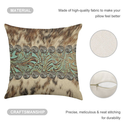 Rustic Brown Beige Teal Western Country Cowboy Fashion Linen Throw Pillow Cover