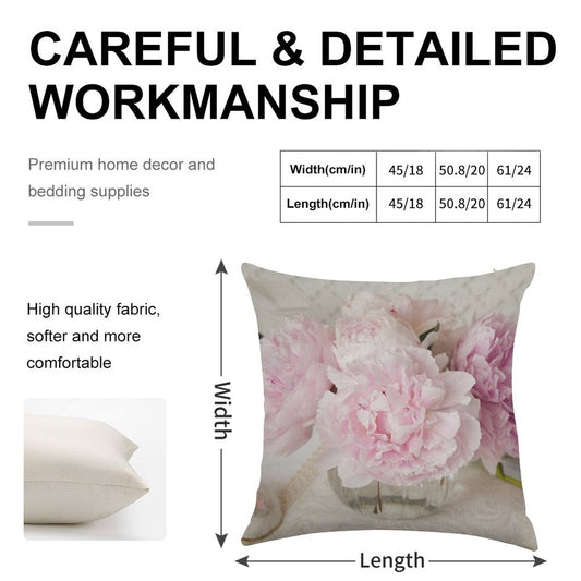 Pink Peonies Linen Throw Pillow Cover