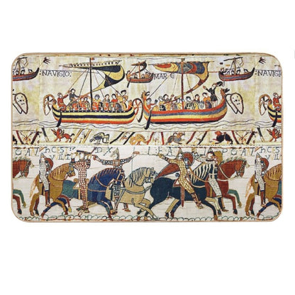 THE BAYEUX TAPESTRY ,BATTLE OF HASTINGS ,NORMAN KNIGHTS HORSEBACK, ARCHERS AND VIKING SHIPS Bath Mat