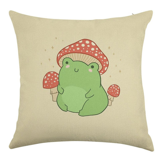 Kawaii Frog with Mushroom Hat Cottagecore Aesthetic Froggy, Chubby Toad in Forest Themed Fantasy Toadstools Linen Throw Pillow Cover