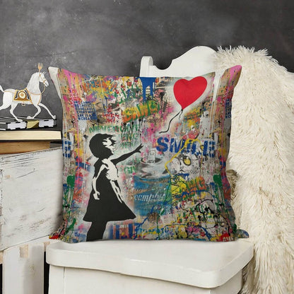 Balloon Girl Street Art Mashup Linen Throw Pillow Cover