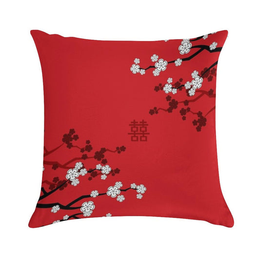 White Oriental Cherry Blossoms on Red And Chinese Wedding Double Happiness  Japanese Sakura © Fatfatin Soft Luxury Feel Throw Pillow