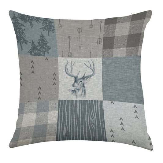 Deer Patchwork - Rustic Blue And Grey Linen Throw Pillow Cover