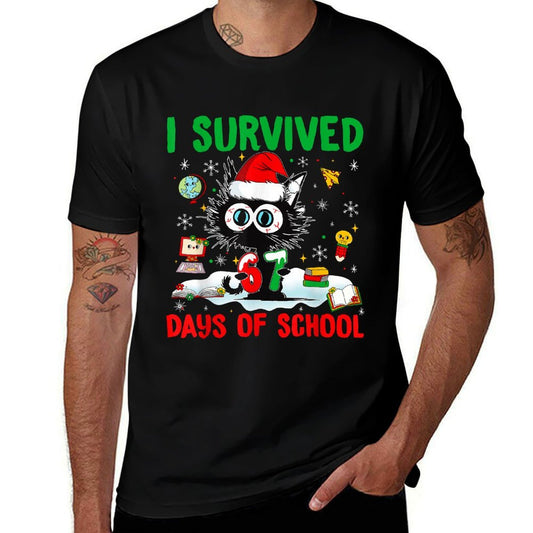 Funny Black Cat Christmas I Survived 67 Days of School  High-quality Stitching T-Shirt