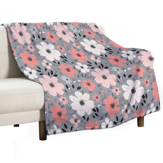 Pink Salmon White Grey Flowers Grey Background Pattern Throw Blanket