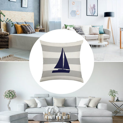 Nautical Navy Blue Sailboat On Silver Gray Stripes Linen Throw Pillow Cover