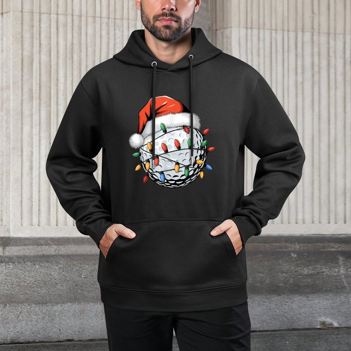 Christmas Golf Ball Santa Hat Lights Gift for Golfers Kangaroo Pocket Hoodie