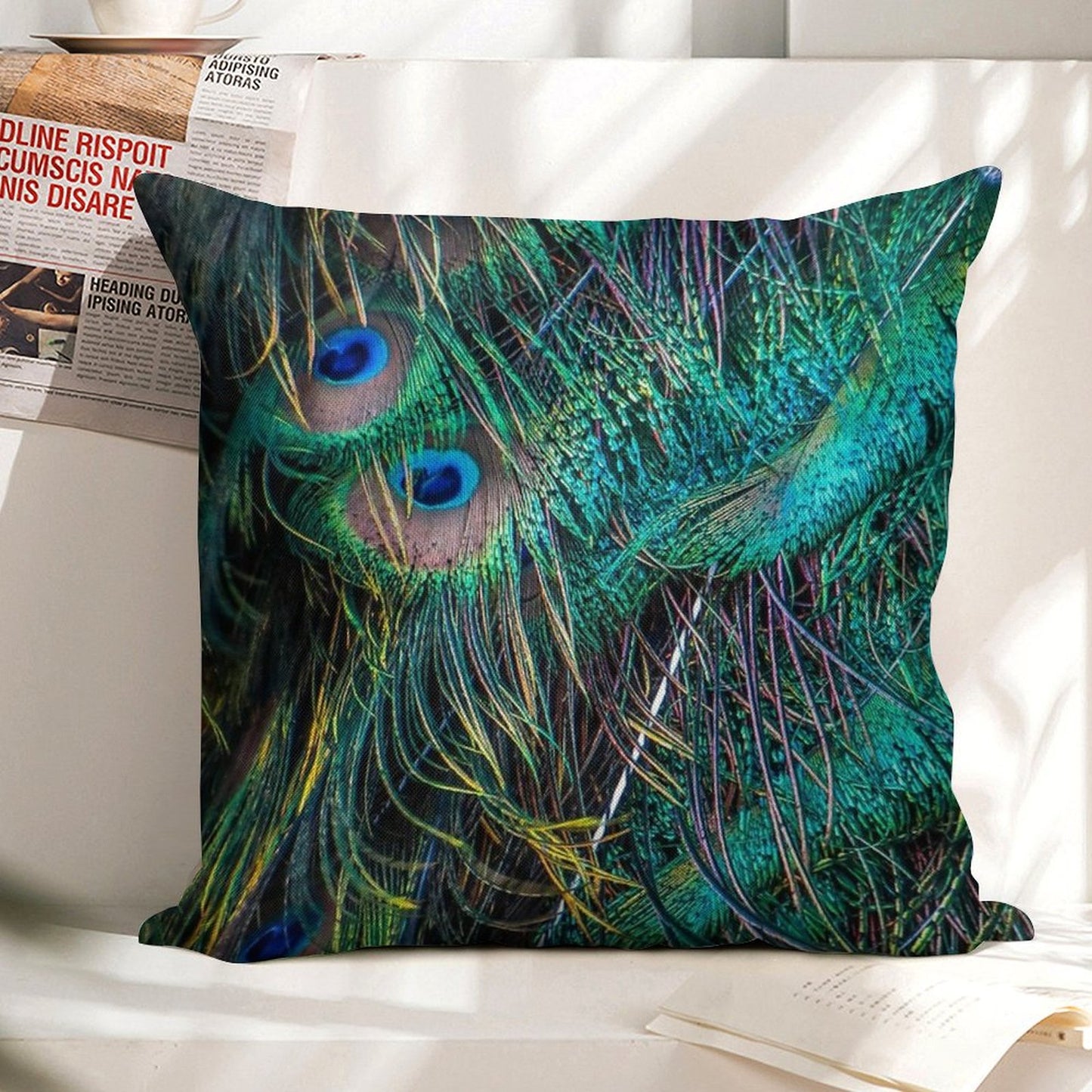 Peacock Feathers Linen Throw Pillow Cover