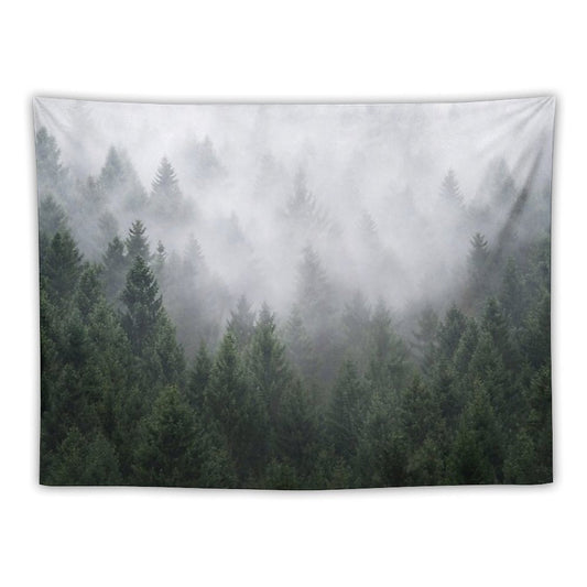 Home Is A Feeling   Misty Retro Fall Wilderness Fairytale Evergreen Forest With Trees Covered In Magic Fog Season Tapestry