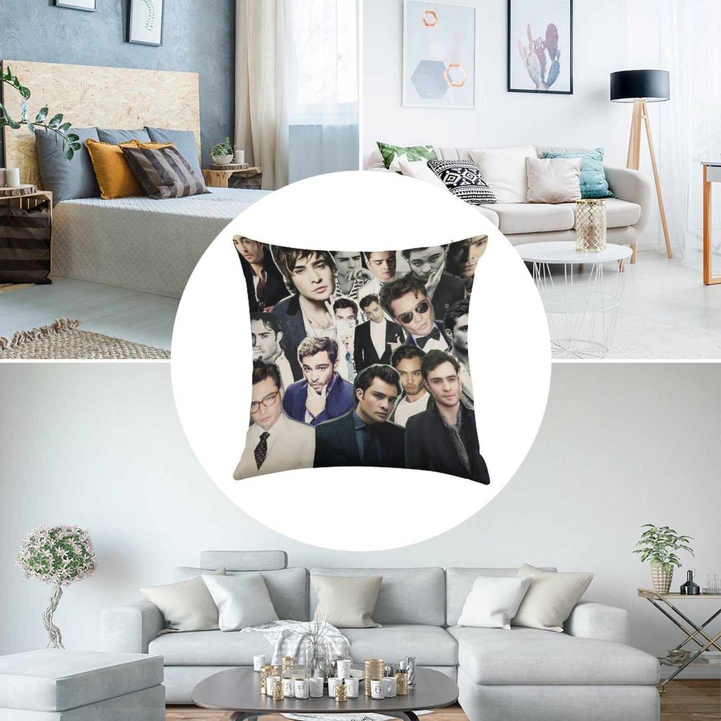 Ed Westwick Collage Linen Throw Pillow Cover