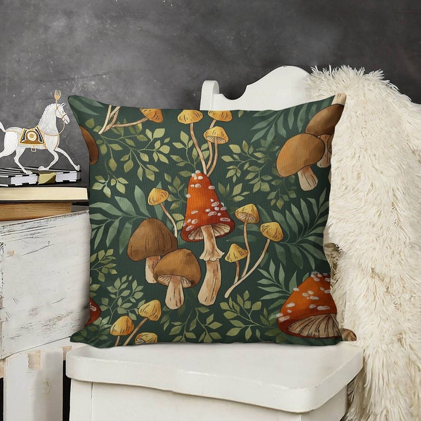 Woodland Mushroom Spray Linen Throw Pillow Cover