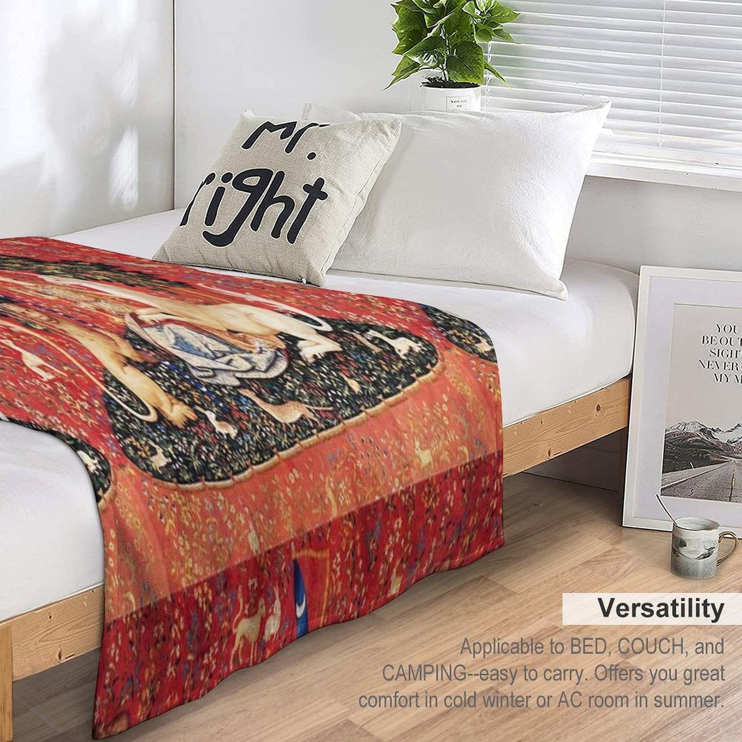 LADY AND UNICORN ,SIGHT  Red Green Fantasy Flowers,Animals Throw Blanket