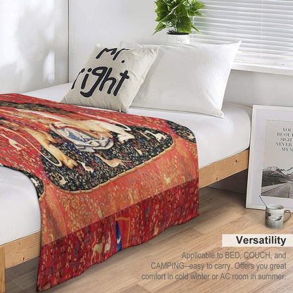 LADY AND UNICORN ,SIGHT  Red Green Fantasy Flowers,Animals Throw Blanket