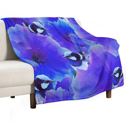 Bluetiful - Spot The Wren - Blossom Floral & Blue Wren Behind Black Throw Blanket
