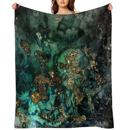 Gold Indigo Faux Malachite Marble Throw Blanket