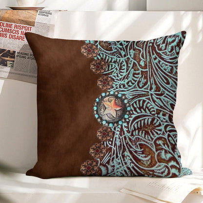 Primitive Cowboy Cowgirl Western Country Brown Turquoise Linen Throw Pillow Cover