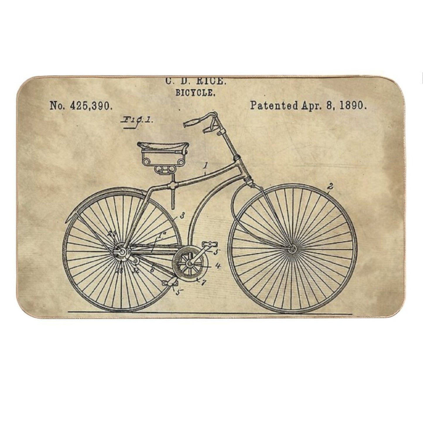 Antique Bicycle Blueprint Patent Drawing Plan, Industrial Farmhouse Bath Mat