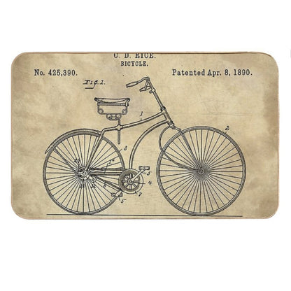 Antique Bicycle Blueprint Patent Drawing Plan, Industrial Farmhouse Bath Mat