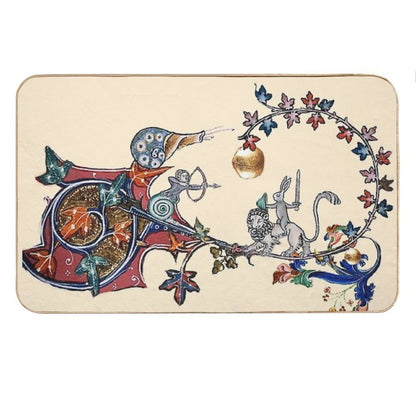 WEIRD MEDIEVAL BESTIARY WAR Between Snails And Killer Rabbit Riding Lion by Bulgan Lumini Bath Mat