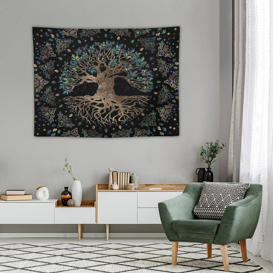 Tree of Life -Yggdrasil Golden And Marble Ornament Tapestry