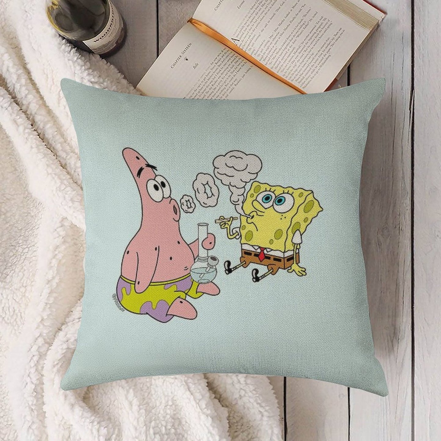Spongebob And Patrick Smoking Weed Cannabis Cartoon Art Linen Throw Pillow Cover