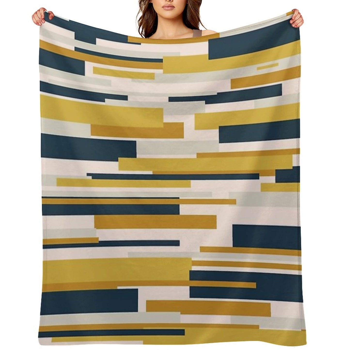 Wright Midcentury Modern Geometric Abstract Pattern in Mustard Yellow, Navy Blue, And Pale Blush Throw Blanket