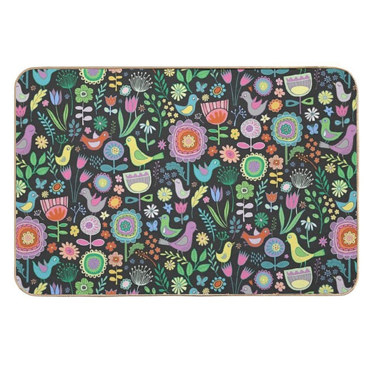 Birds And Blooms - Pastels on Black - Pretty Floral Bird Pattern by Cecca Designs  Rapid-Drying Bath Mat
