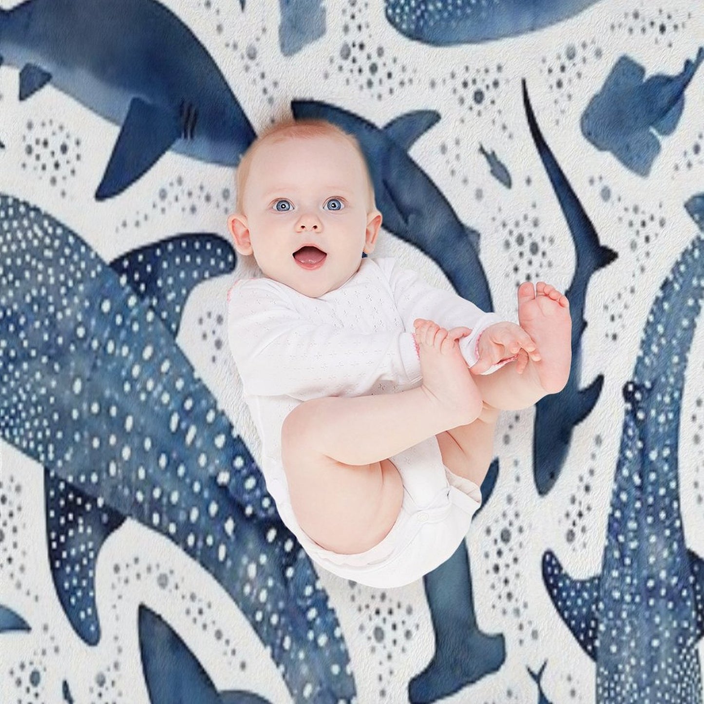 Monochrome Blue Watercolour Shark Ocean on White Throw Blanket