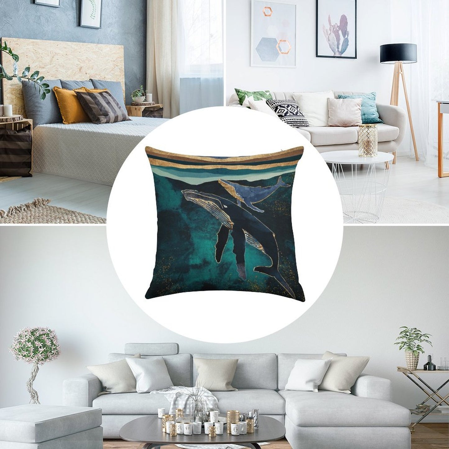 Moonlit Whales Linen Throw Pillow Cover
