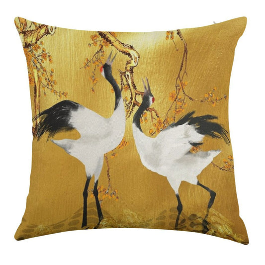 Golden Cranes Japanese Art Linen Throw Pillow Cover