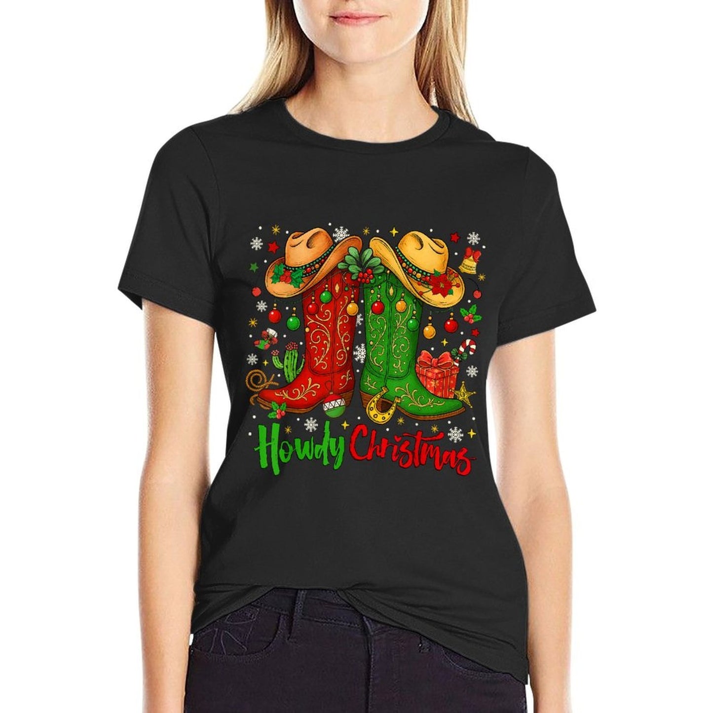 Howdy Christmas Merry Christmas Western Cowboy Cowgirl Boots  Heathered Texture T-Shirt
