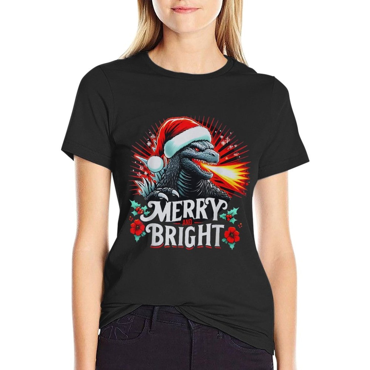 Santazilla Japanese Monster Kaiju Merry And Bright Christmas  Cotton T-Shirt