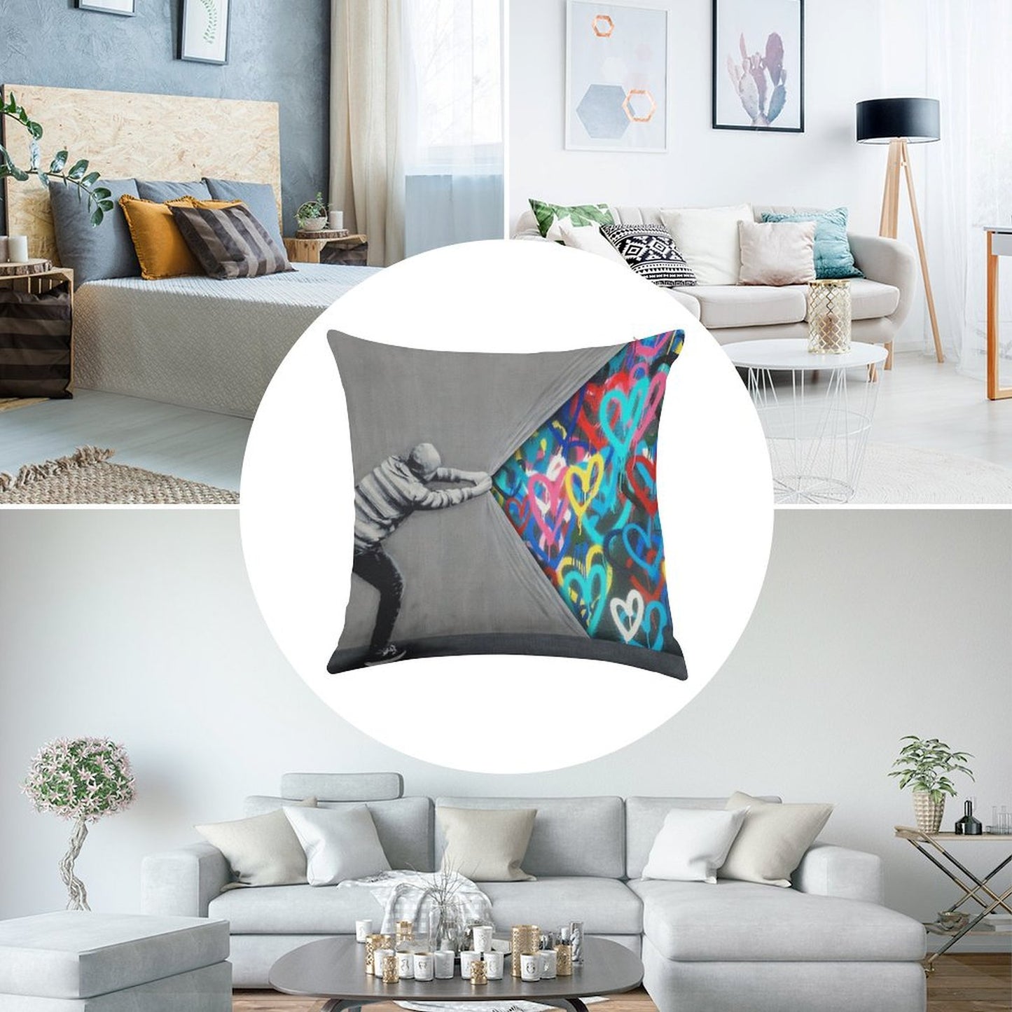 Behind The Curtain Graffiti Hearts Spray Paint Art Linen Throw Pillow Cover