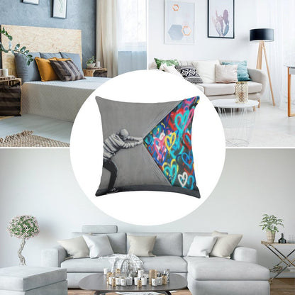 Behind The Curtain Graffiti Hearts Spray Paint Art Linen Throw Pillow Cover