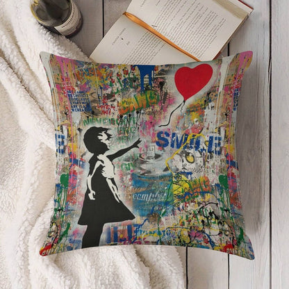 Balloon Girl Street Art Mashup Linen Throw Pillow Cover