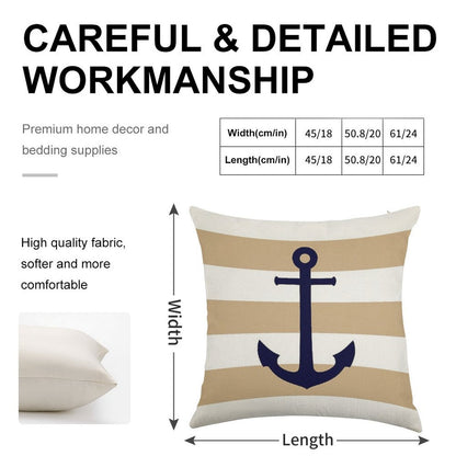 Nautical Navy Blue Anchor On Tropical Tan Stripes Linen Throw Pillow Cover
