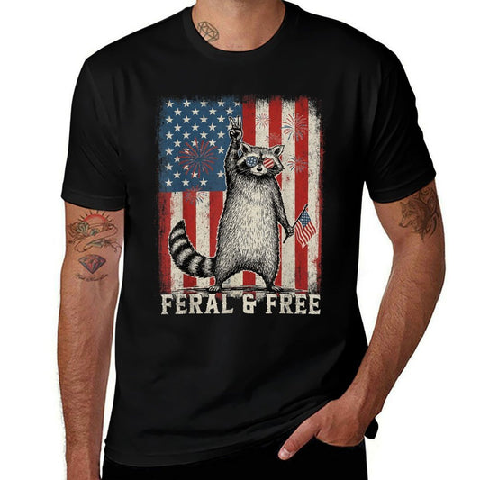 Feral But Free Raccoon July 4th Patriotic for Family  Cotton T-Shirt