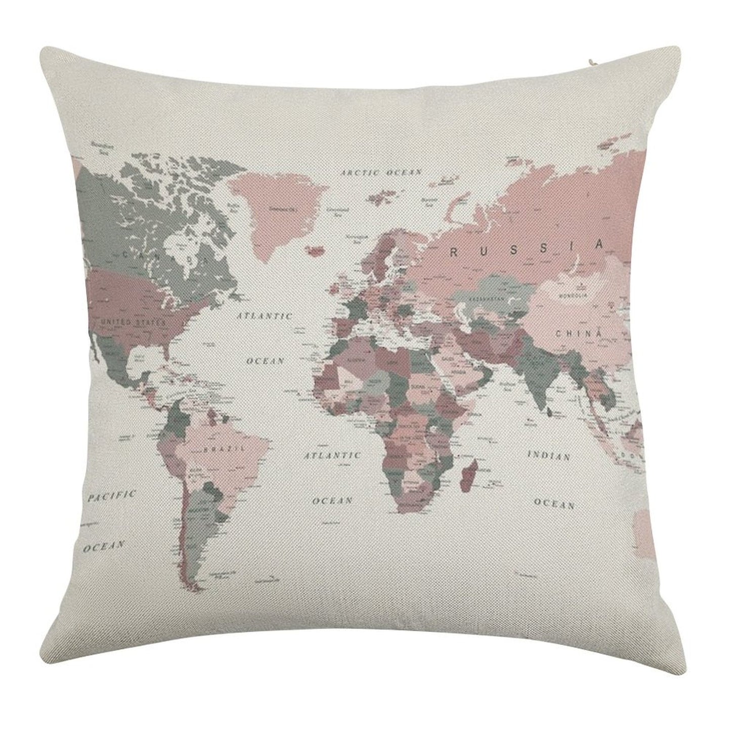 Map of The World in Pink And Green Linen Throw Pillow Cover