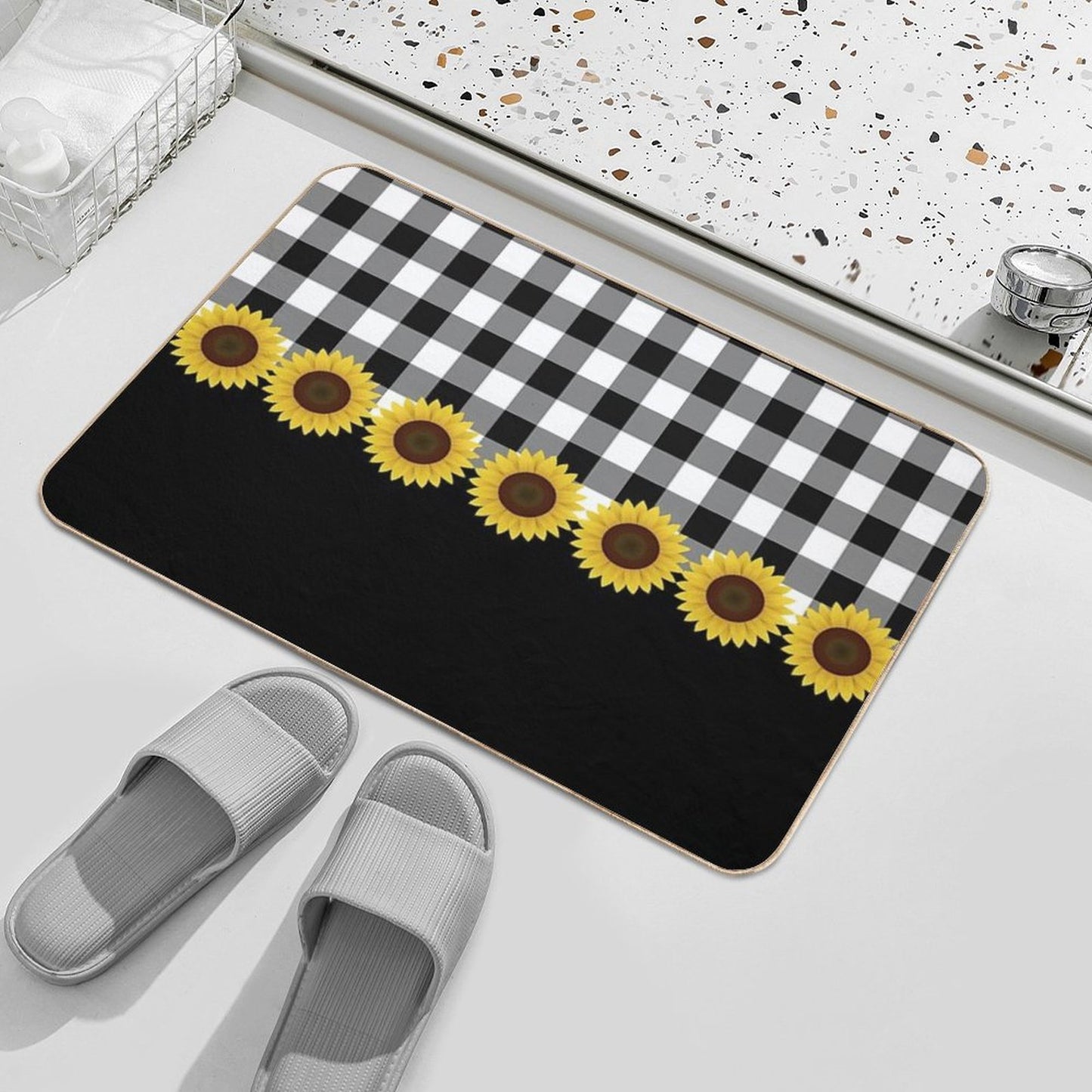 Black White Buffalo Plaid & Yellow Sunflower Bath Mat
