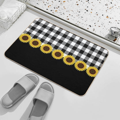 Black White Buffalo Plaid & Yellow Sunflower Bath Mat