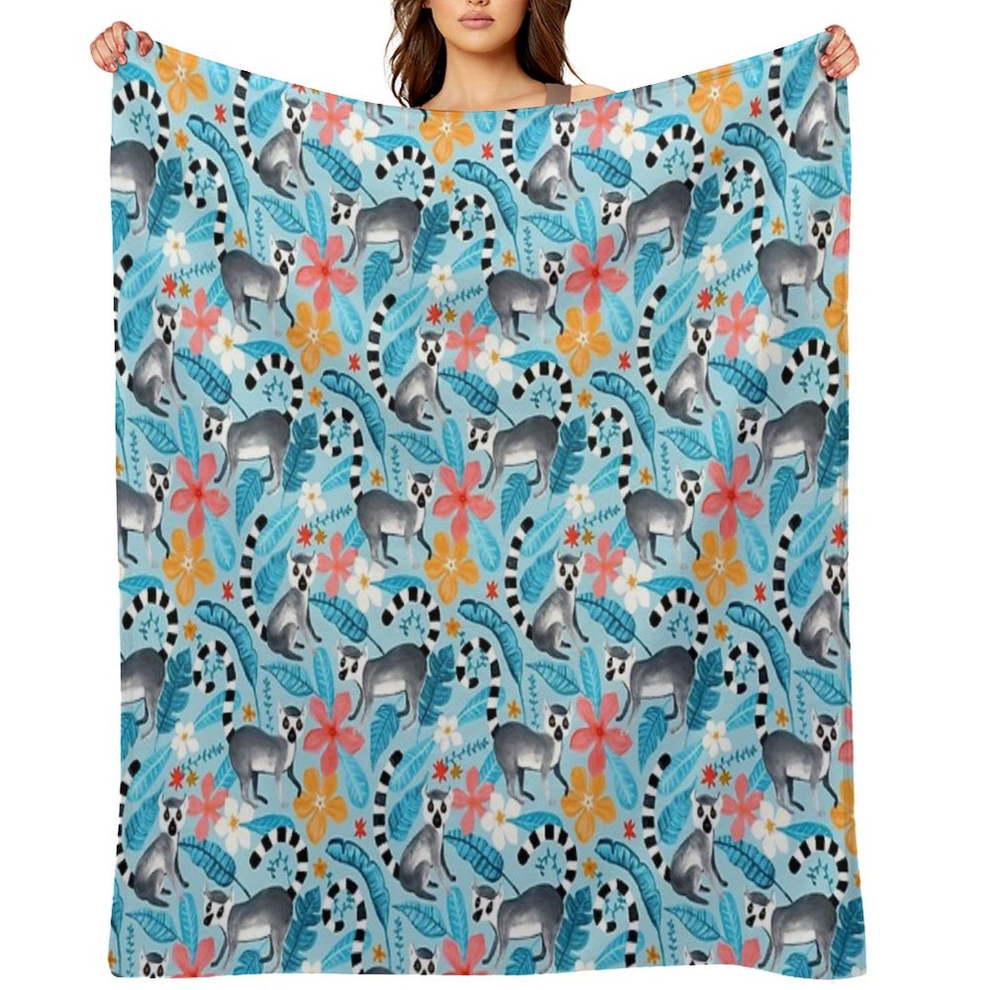 Gouache Lemur Land on Blue Throw Blanket