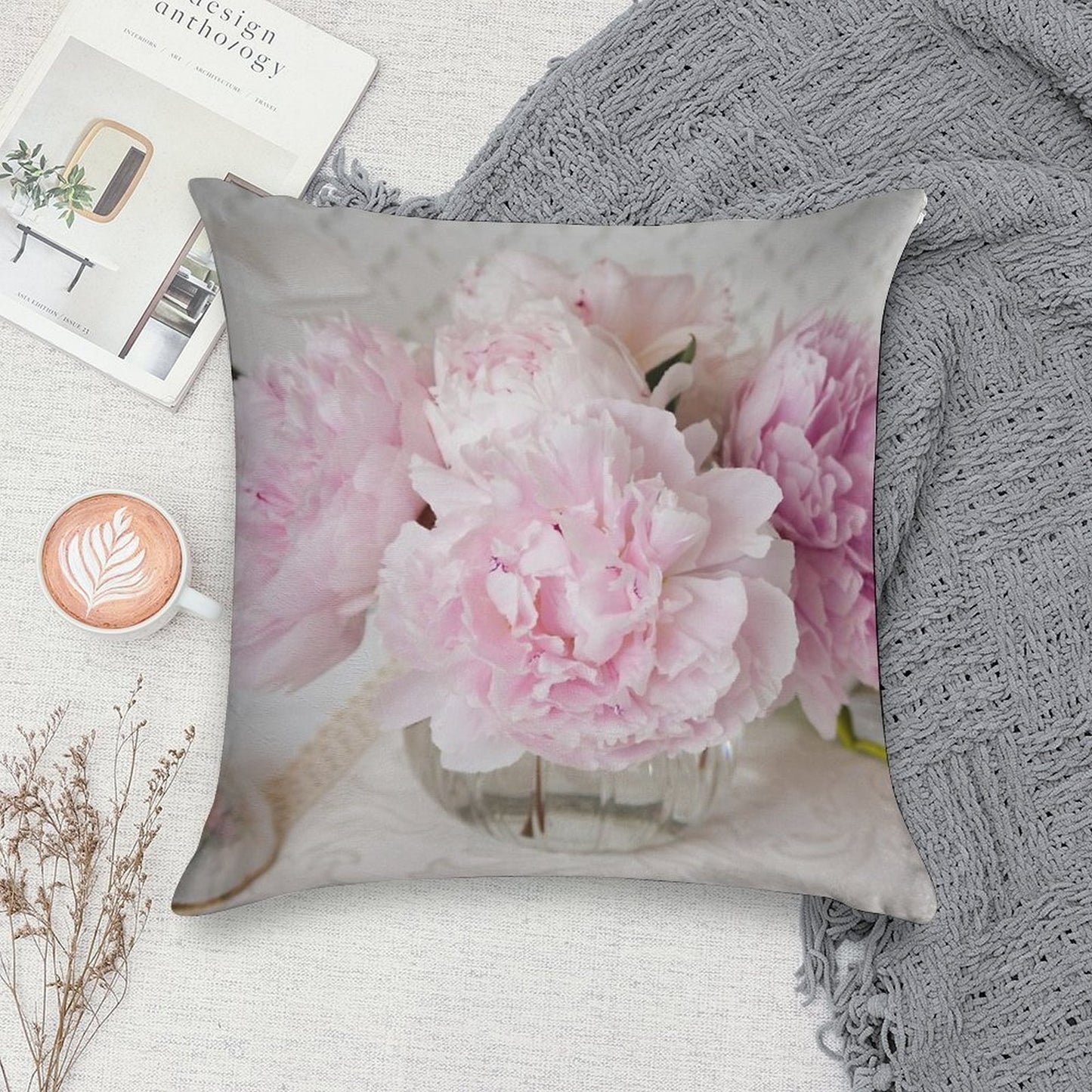 Pink Peonies Soft Hidden Zipper Throw Pillow