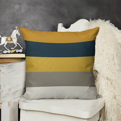 Broad Stripes Pattern in Light And Dark Mustard Yellow, Grey, White, And Navy Blue Linen Throw Pillow Cover