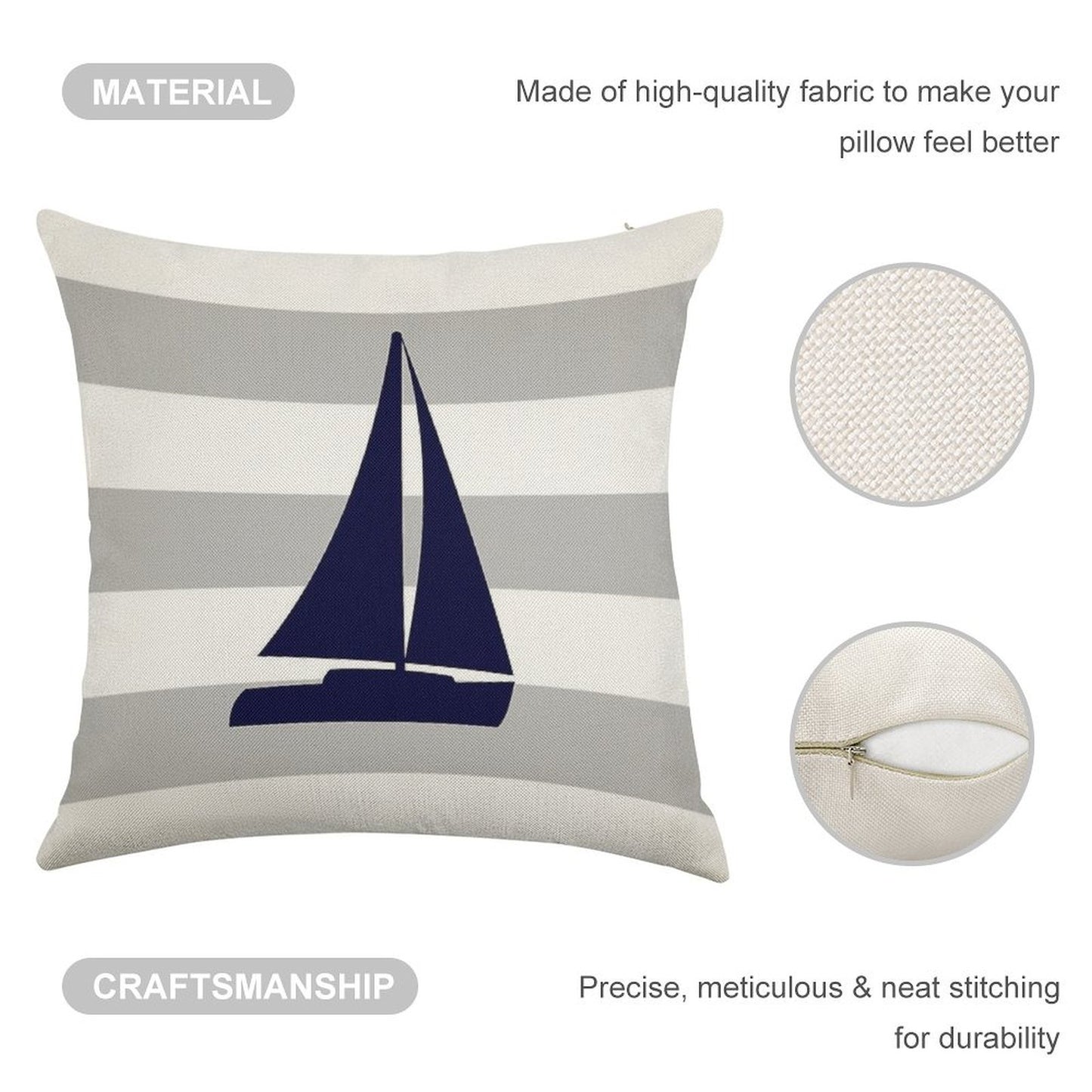 Nautical Navy Blue Sailboat On Silver Gray Stripes Linen Throw Pillow Cover