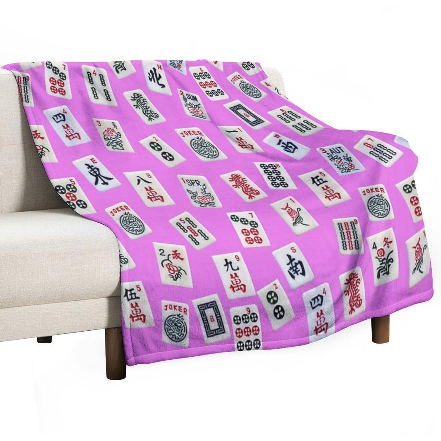 Mahjongg Game Tiles Design on Pink Color Throw Blanket