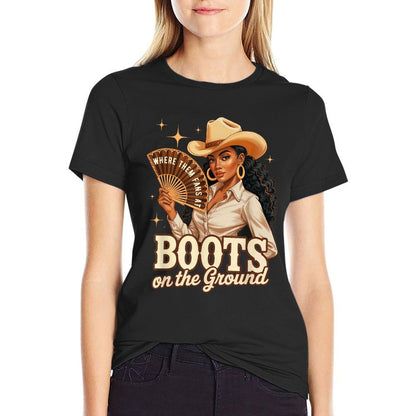 Boots On Ground Juneteenth Melanin Cowgirl Western Rodeo  Versatile T-Shirt